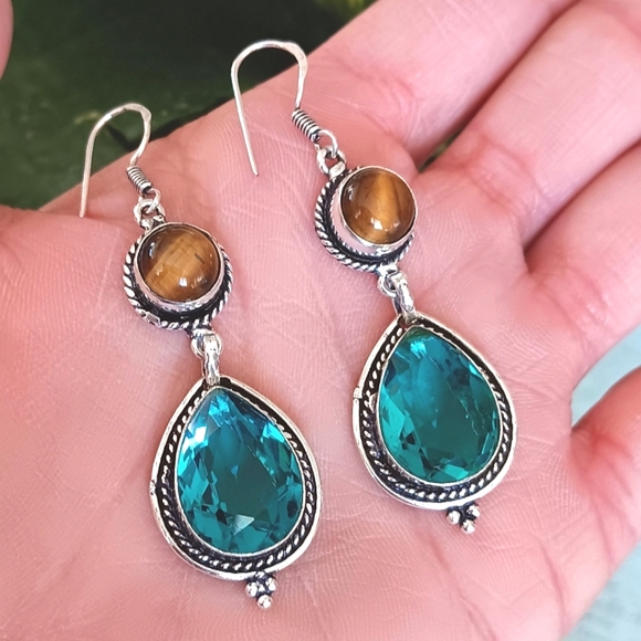 Dreamgems Jewelry - 🏝 Aqua Topaz & Tigers Eye Gemstone Earrings Sterling Silver 925 stamped